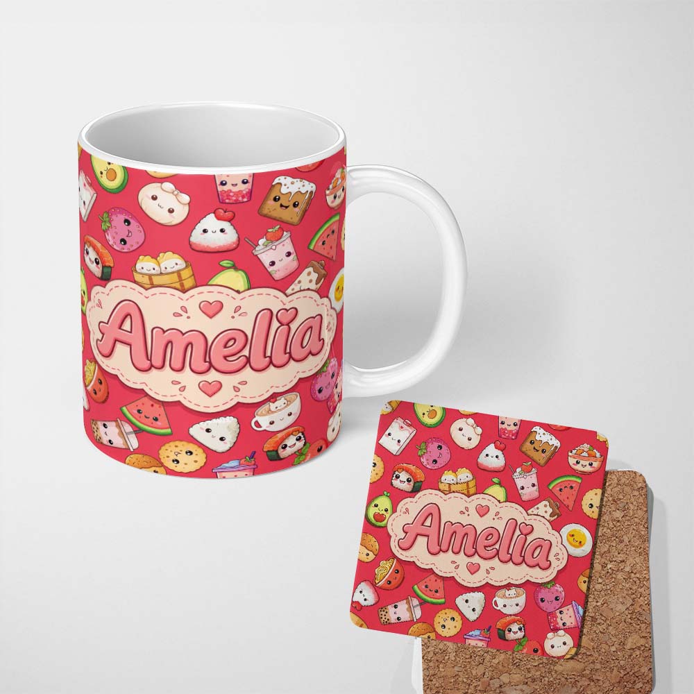 Personalized Custom Name Cute Kawaii Food Characters on Red Background Seamless Pattern 11oz Ceramic Coffee Tea Mug White Large Handle