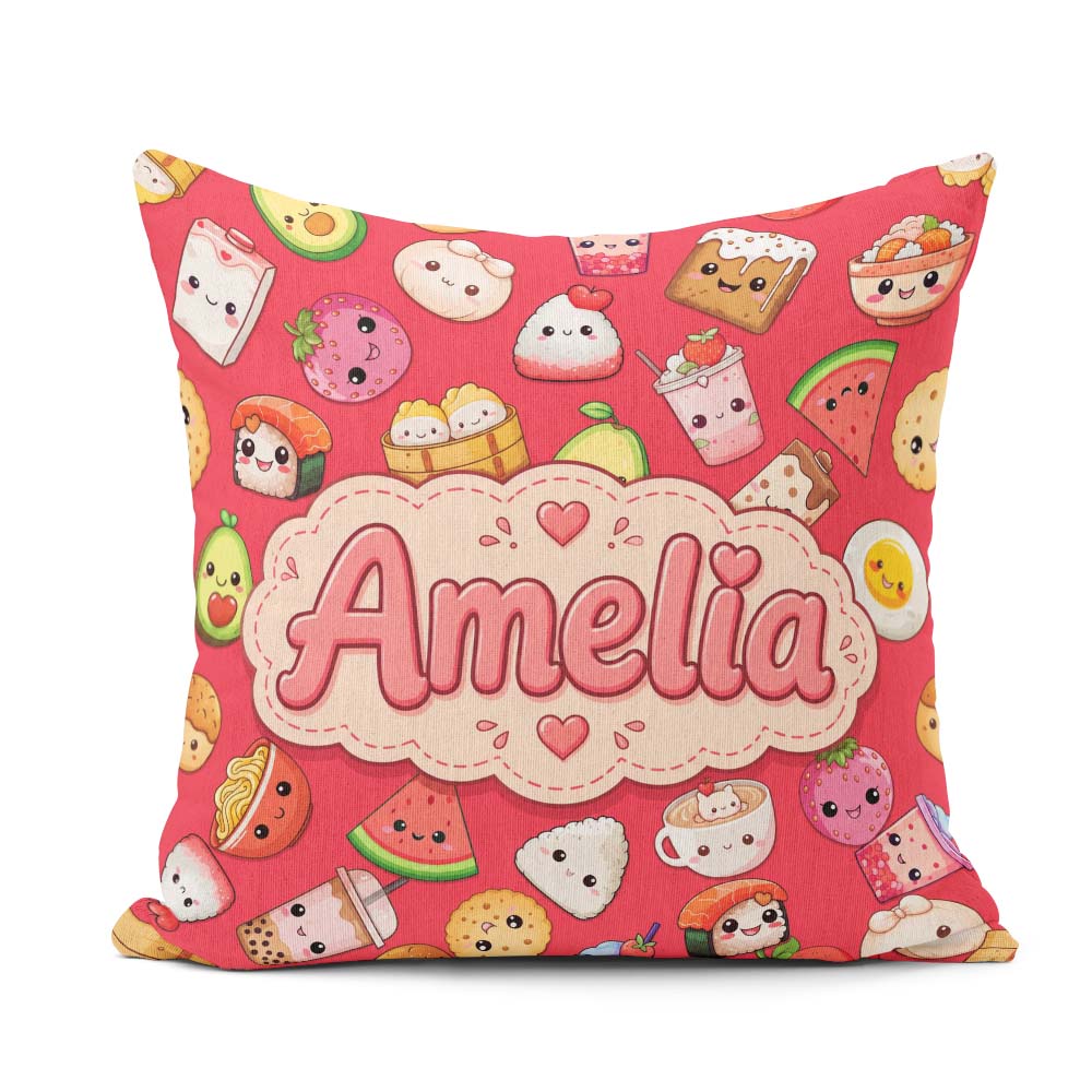 Custom Name Cute Kawaii Food Characters on Red Seamless Pattern Square Filled Cushion Throw Pillow Sofa Bed Home Decor Zip Washable UK Made