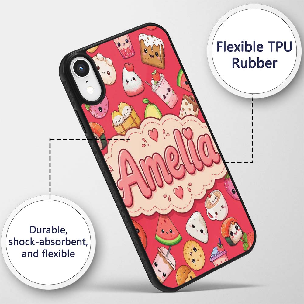 Cute Kawaii Food Characters on Red Background Custom Name Protective Phone Case Mobile Cover Durable Everyday Smartphone Shock Resistant