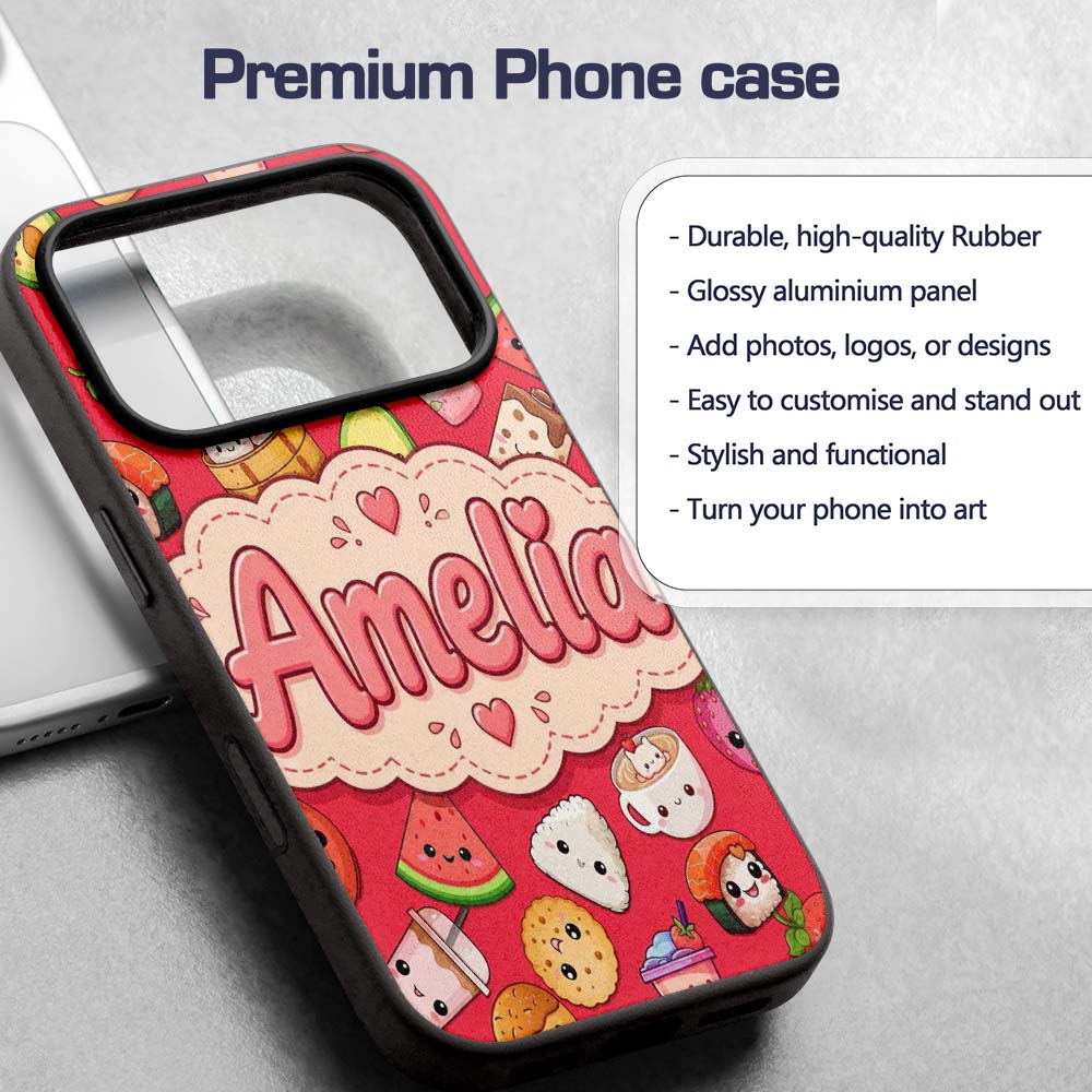 Cute Kawaii Food Characters on Red Background Custom Name Protective Phone Case Mobile Cover Durable Everyday Smartphone Shock Resistant