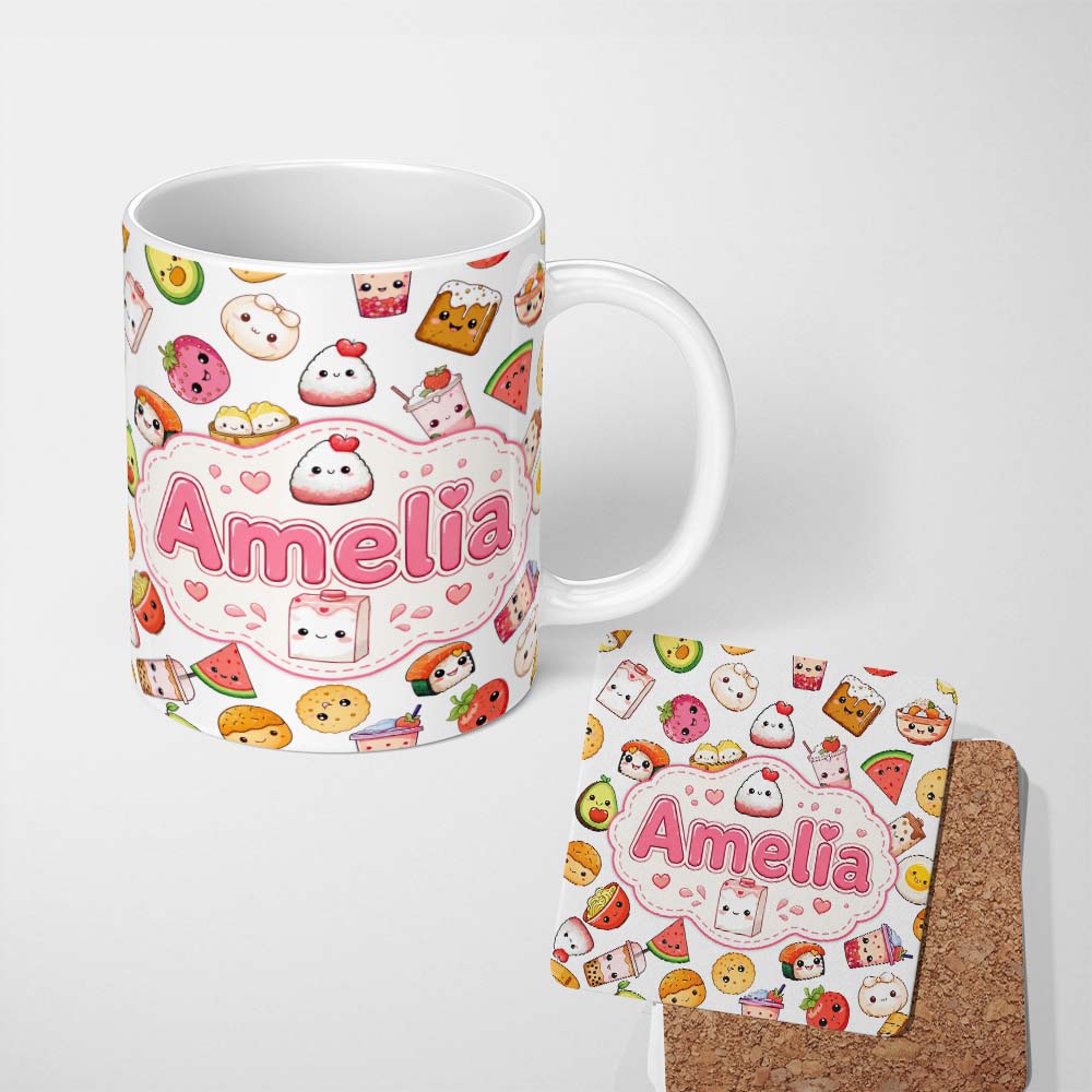 Personalized Custom Name Cute Kawaii Food Characters on Light Grey Background Seamless 11oz Ceramic Coffee Tea Mug White Large Handle