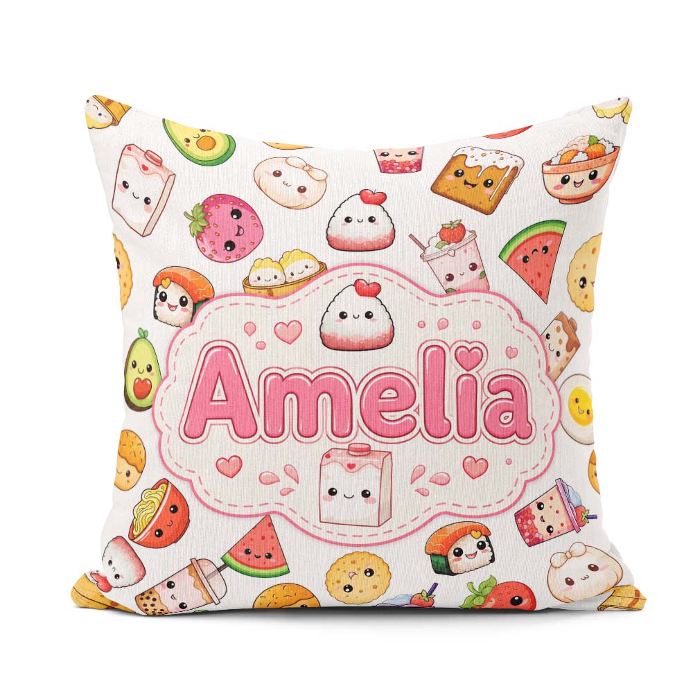 Custom Name Cute Kawaii Food Characters on Light Grey Background Square Filled Cushion Throw Pillow Sofa Bed Home Decor Zip Washable UK Made