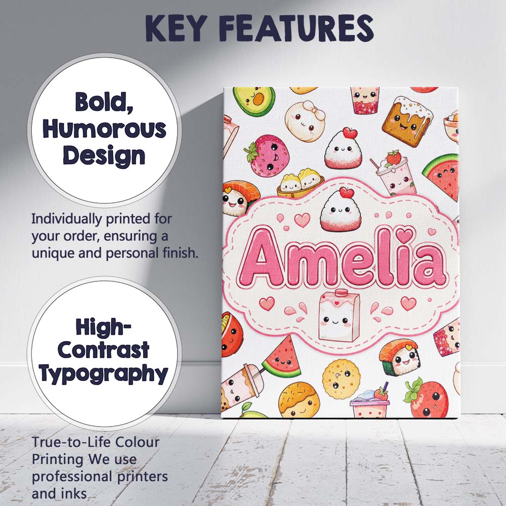 Personalised Name Cute Kawaii Food Characters Custom Unique Gift Idea Modern Room Accent Canvas Wall Art Print Decor Picture Ready to Hang