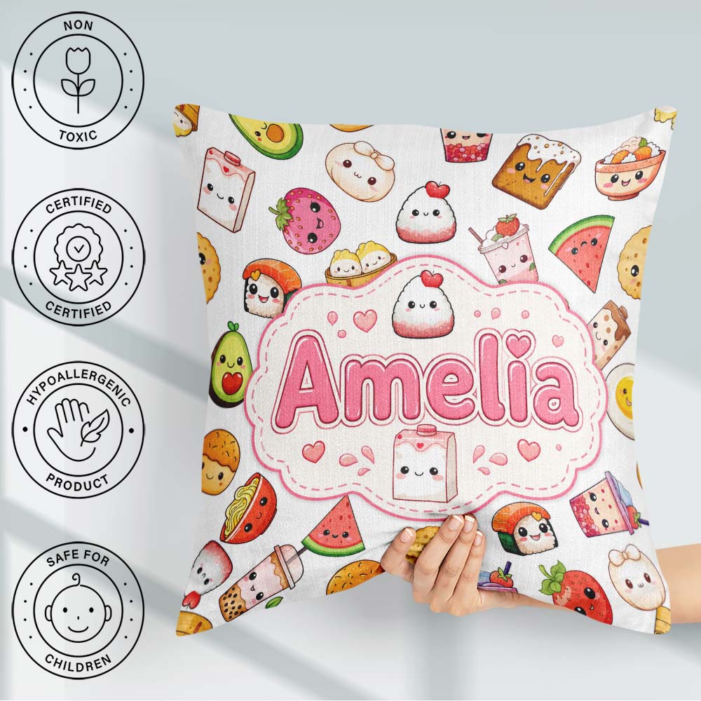 Custom Name Cute Kawaii Food Characters on Light Grey Background Square Filled Cushion Throw Pillow Sofa Bed Home Decor Zip Washable UK Made