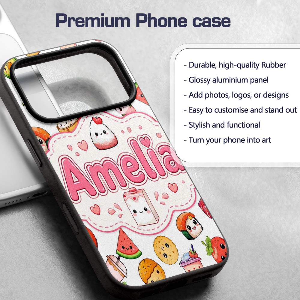 Cute Kawaii Food Characters on Printed Design Custom Name Protective Phone Case Mobile Cover Durable Everyday Smartphone Shock Resistant