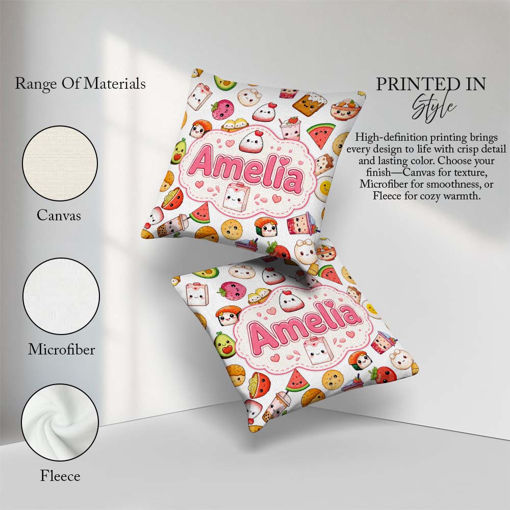 Custom Name Cute Kawaii Food Characters on Light Grey Background Square Filled Cushion Throw Pillow Sofa Bed Home Decor Zip Washable UK Made