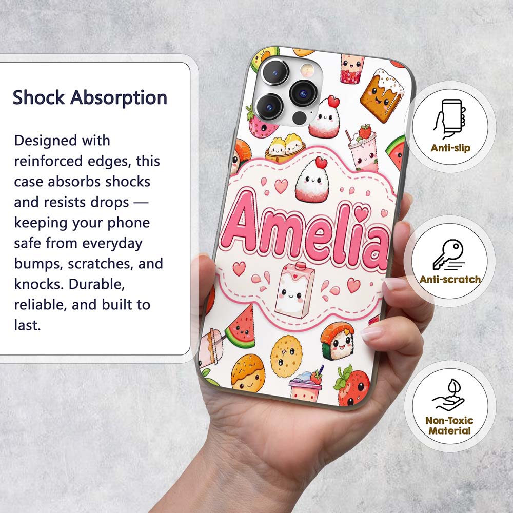 Cute Kawaii Food Characters on Printed Design Custom Name Protective Phone Case Mobile Cover Durable Everyday Smartphone Shock Resistant