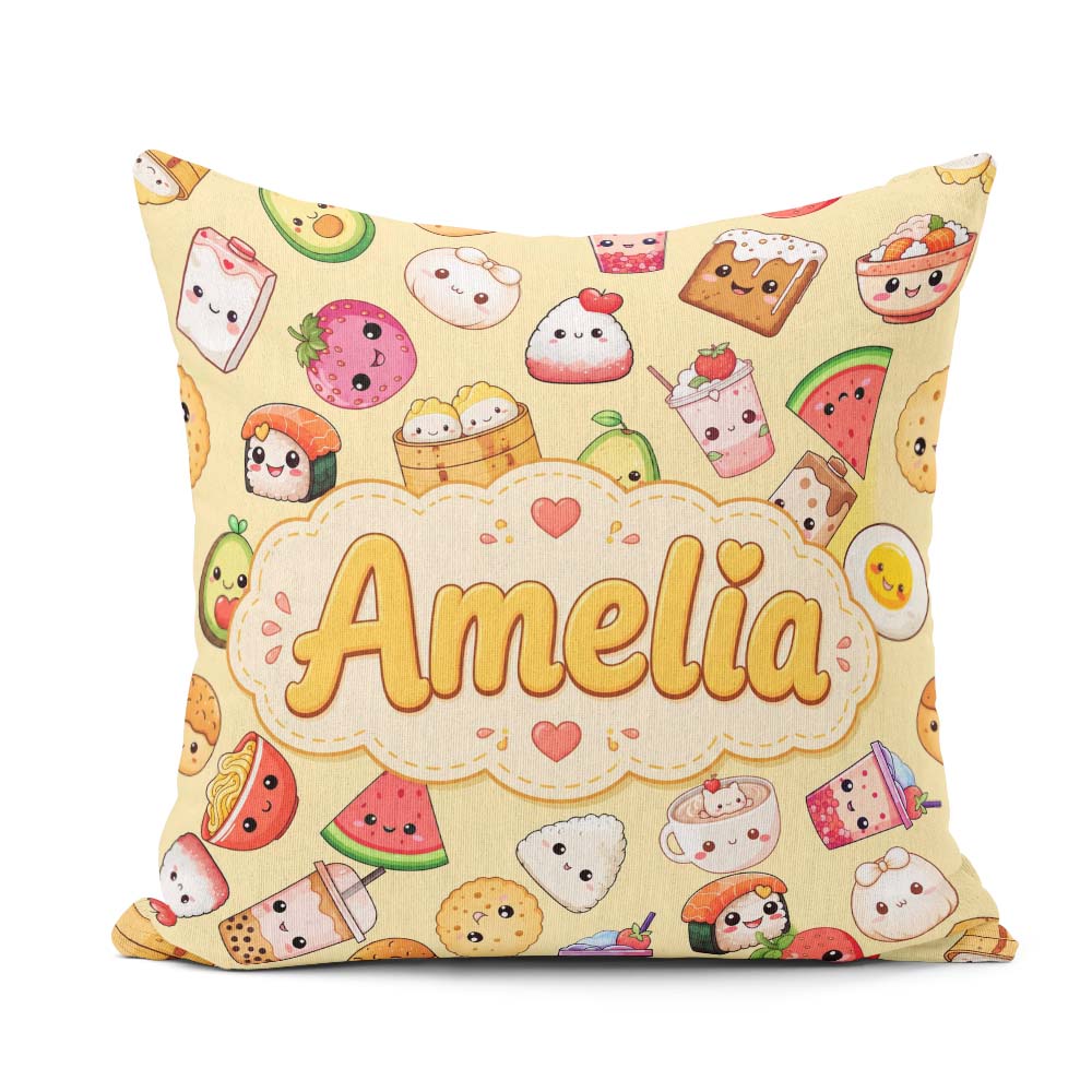 Custom Name Cute Kawaii Food Characters on Warm Beige Background Square Filled Cushion Throw Pillow Sofa Bed Home Decor Zip Washable UK Made