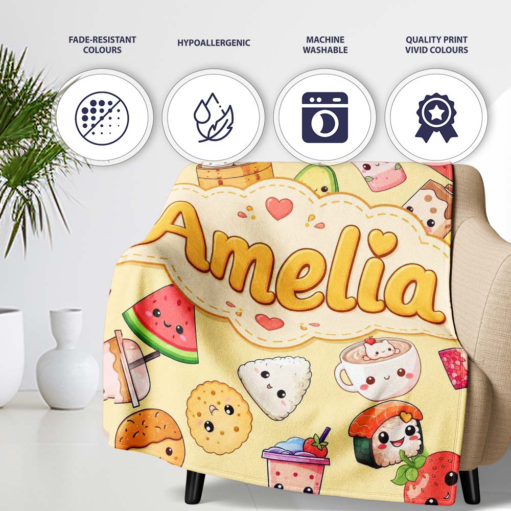 Cute Kawaii Food Characters on Warm Beige Background Seamless Personalised Custom Name Super Soft Fleece Blanket Bed Sofa Throw