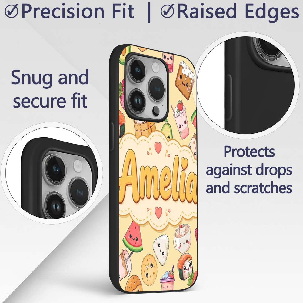 Cute Kawaii Food Characters on Printed Design Custom Name Protective Phone Case Mobile Cover Durable Everyday Smartphone Shock Resistant