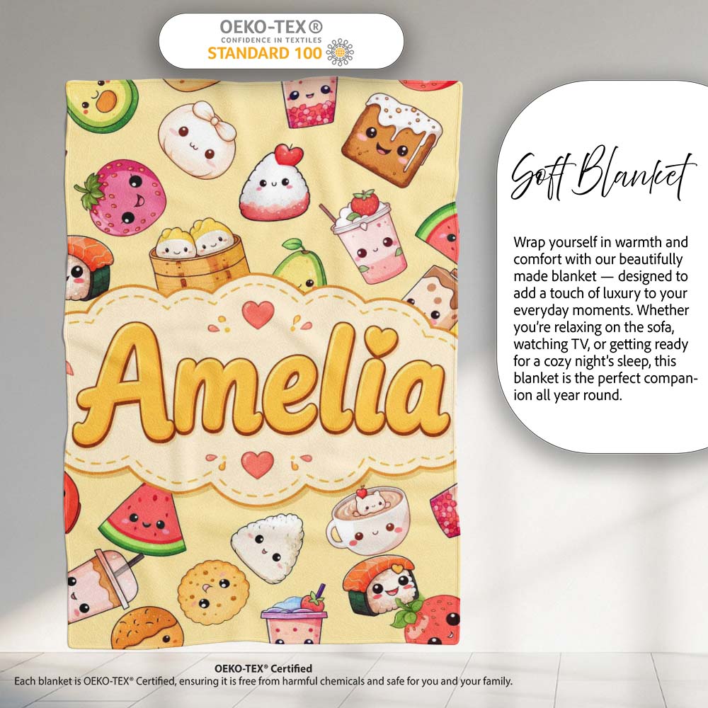 Cute Kawaii Food Characters on Warm Beige Background Seamless Personalised Custom Name Super Soft Fleece Blanket Bed Sofa Throw