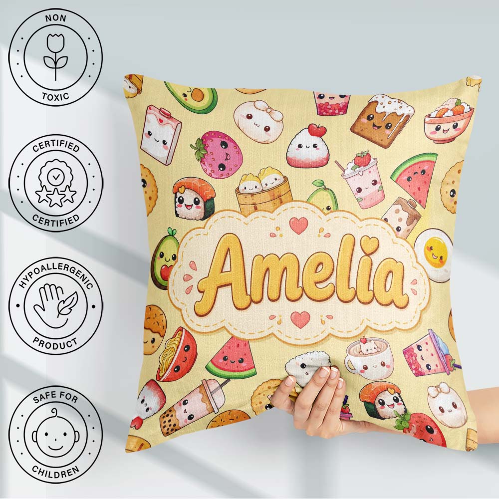 Custom Name Cute Kawaii Food Characters on Warm Beige Background Square Filled Cushion Throw Pillow Sofa Bed Home Decor Zip Washable UK Made