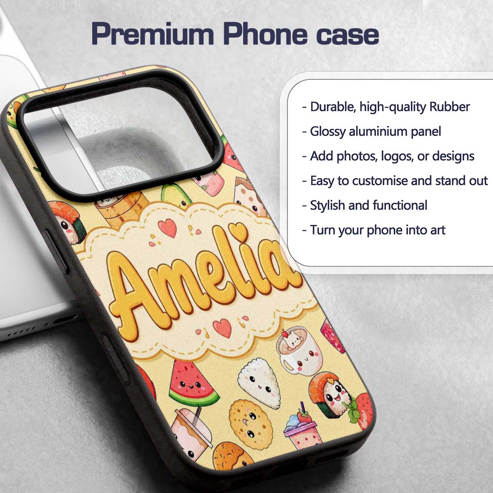 Cute Kawaii Food Characters on Printed Design Custom Name Protective Phone Case Mobile Cover Durable Everyday Smartphone Shock Resistant