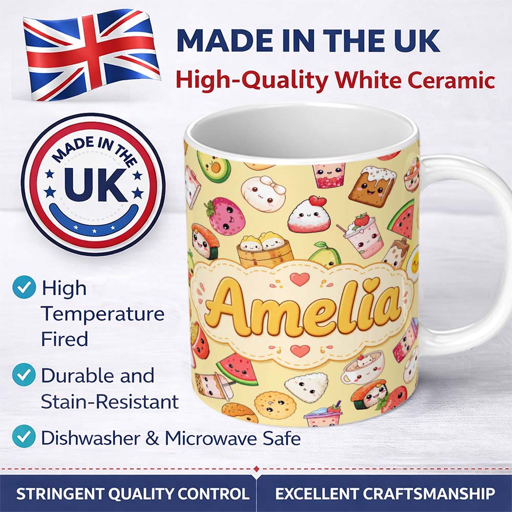 Personalized Custom Name Cute Kawaii Food Characters on Warm Beige Background Seamless 11oz Ceramic Coffee Tea Mug White Large Handle