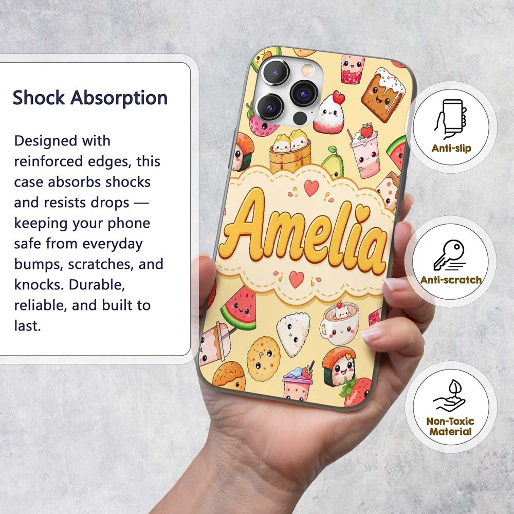 Cute Kawaii Food Characters on Printed Design Custom Name Protective Phone Case Mobile Cover Durable Everyday Smartphone Shock Resistant