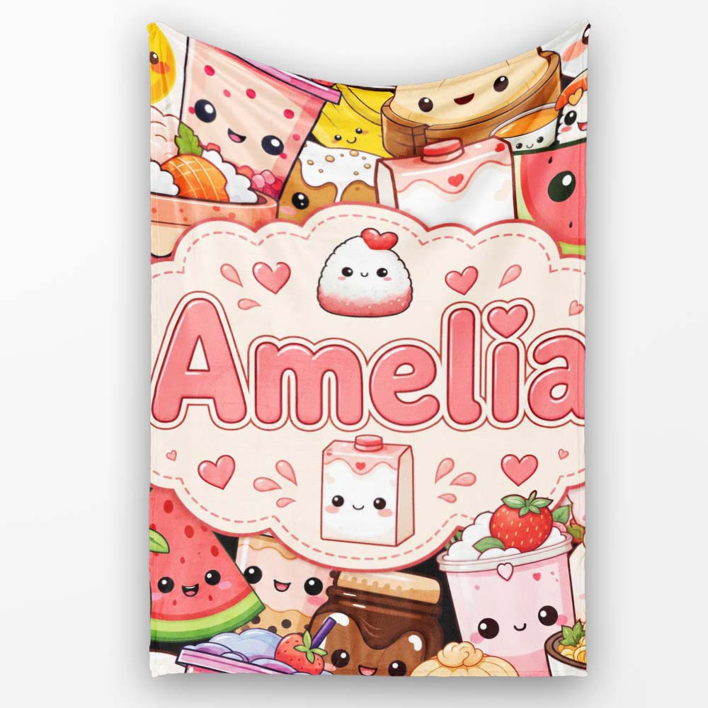 Cute Kawaii Food Collage Characters Seamless Pattern Name Unique Personalised Custom Name Super Soft Fleece Blanket Bed Sofa Throw