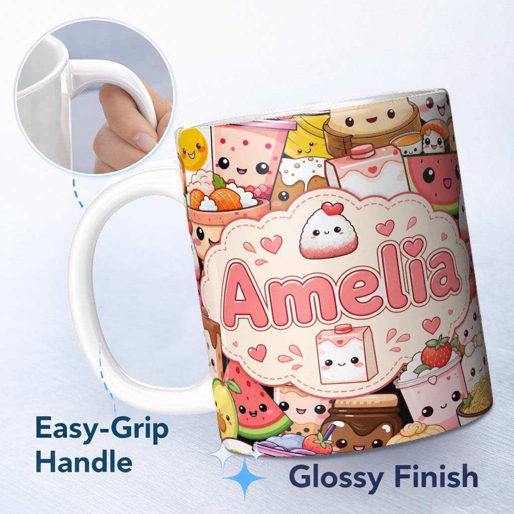 Personalized Custom Name Cute Kawaii Food Collage Characters Seamless Pattern Name Unique 11oz Ceramic Coffee Tea Mug White Large Handle
