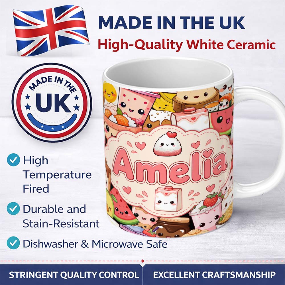 Personalized Custom Name Cute Kawaii Food Collage Characters Seamless Pattern Name Unique 11oz Ceramic Coffee Tea Mug White Large Handle