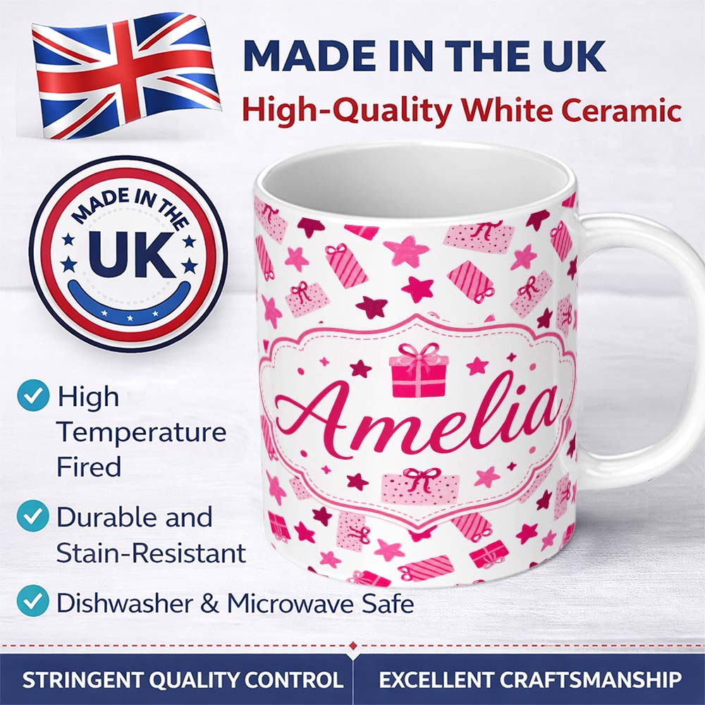 Personalized Custom Name Cute Pink Gift Box Star Festive Seamless Pattern Cute Unique Gift 11oz Ceramic Coffee Tea Mug White Large Handle