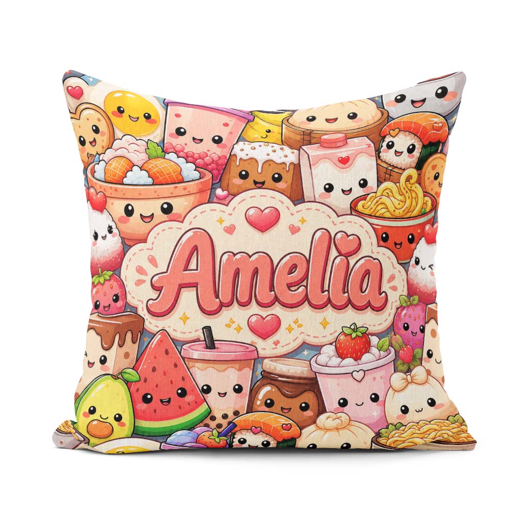 Custom Name Cute Kawaii Food Collage Characters on Blue Seamless Square Filled Cushion Throw Pillow Sofa Bed Home Decor Zip Washable UK Made