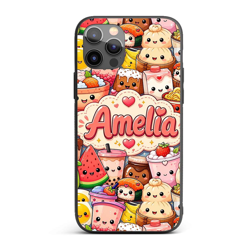 Cute Kawaii Food Collage Characters on Blue Background Custom Name Protective Phone Case Mobile Cover Durable Smartphone Shock Resistant