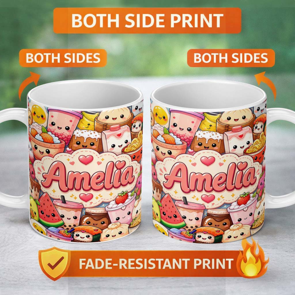 Personalized Custom Name Cute Kawaii Food Collage Characters on Blue Background Seamless 11oz Ceramic Coffee Tea Mug White Large Handle