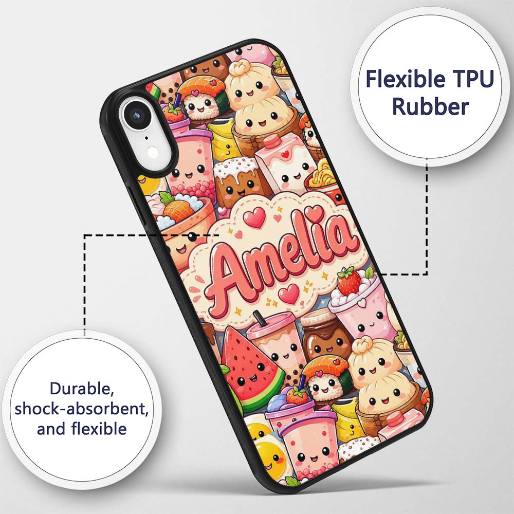 Cute Kawaii Food Collage Characters on Blue Background Custom Name Protective Phone Case Mobile Cover Durable Smartphone Shock Resistant