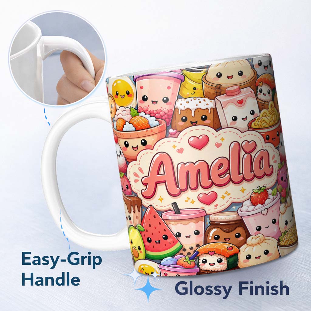 Personalized Custom Name Cute Kawaii Food Collage Characters on Blue Background Seamless 11oz Ceramic Coffee Tea Mug White Large Handle