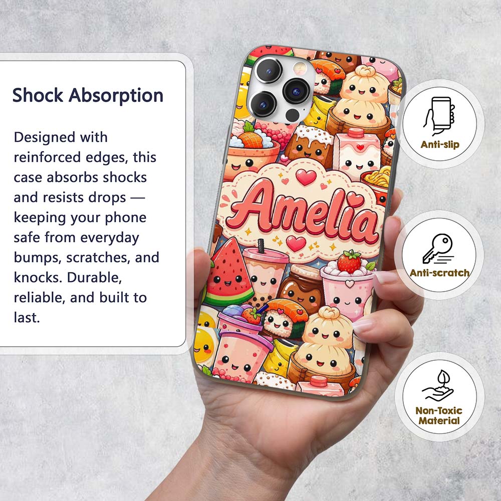 Cute Kawaii Food Collage Characters on Blue Background Custom Name Protective Phone Case Mobile Cover Durable Smartphone Shock Resistant