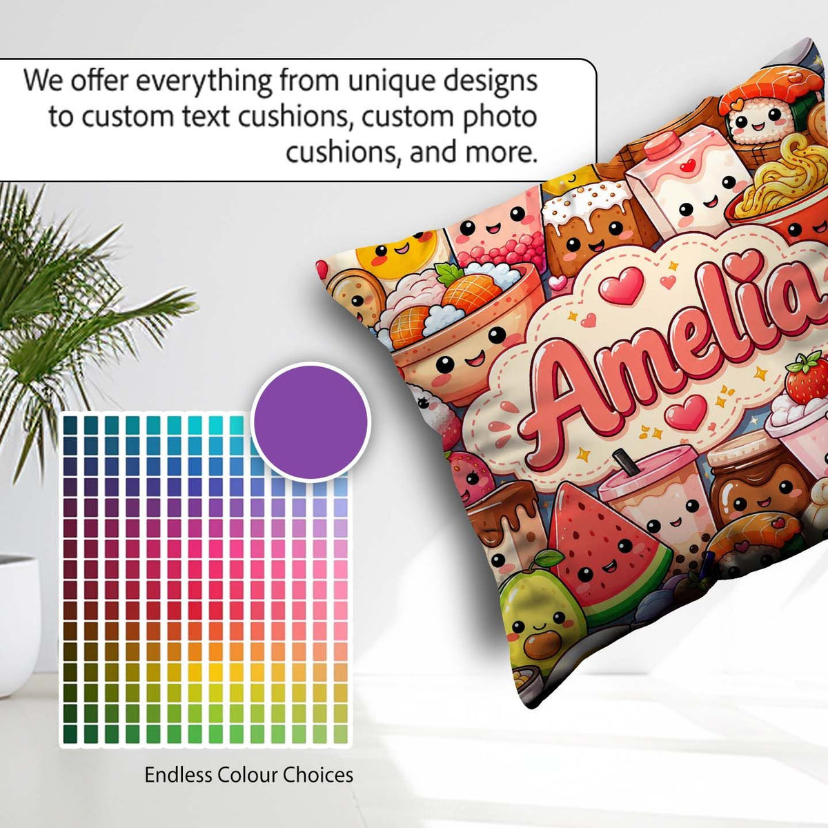 Custom Name Cute Kawaii Food Collage Characters on Blue Seamless Square Filled Cushion Throw Pillow Sofa Bed Home Decor Zip Washable UK Made