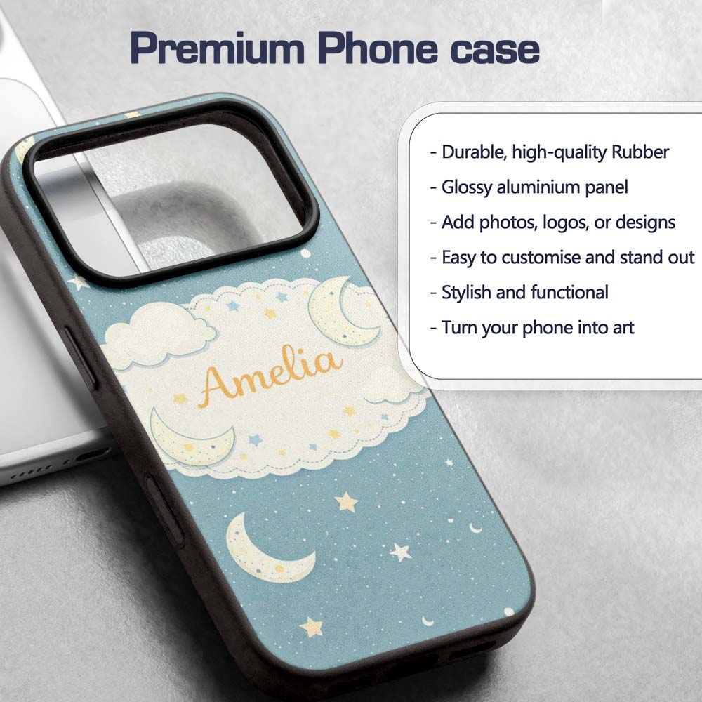 Light Blue Night Sky Moon Hanging Stars Cute Custom Name Protective Phone Case Mobile Cover Durable Everyday Smartphone Shock Resistant