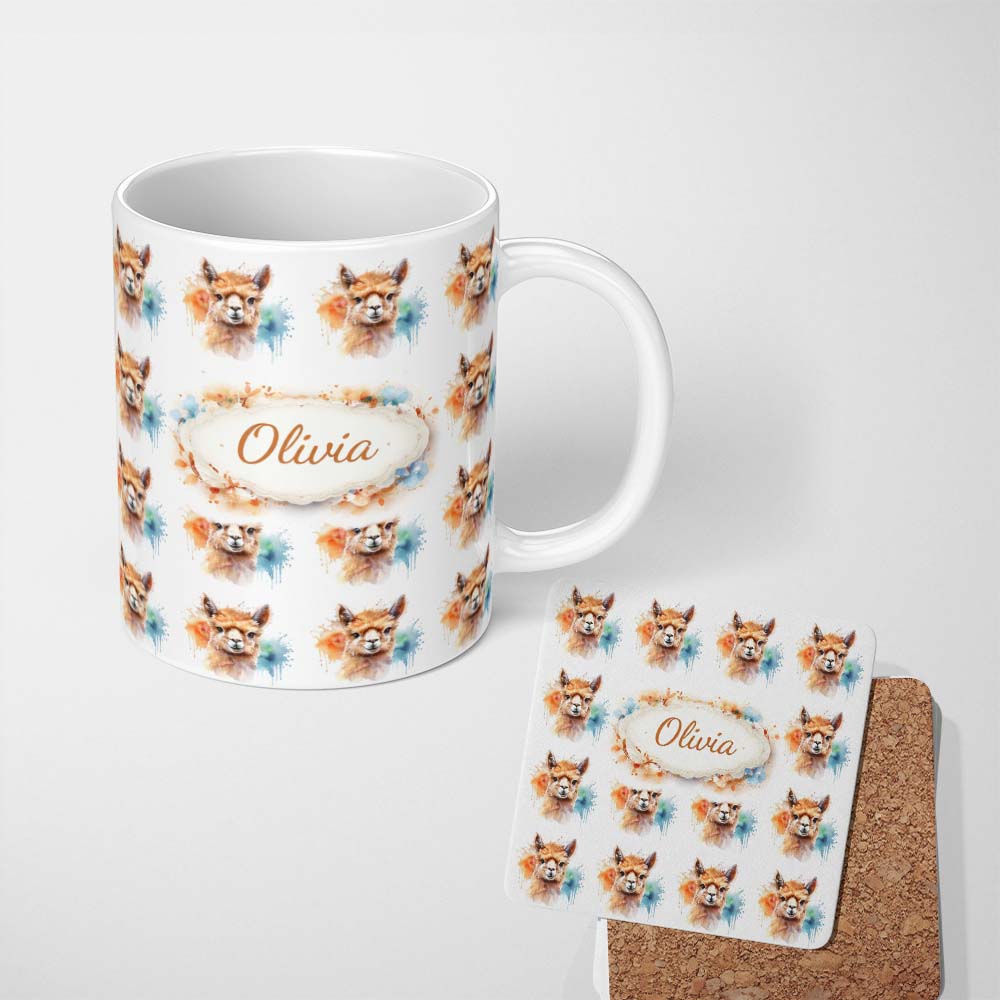 Personalized Custom Name Watercolour Alpaca Pattern Cute Animal Artistic Design Lovely 11oz Ceramic Coffee Tea Mug White Large Handle
