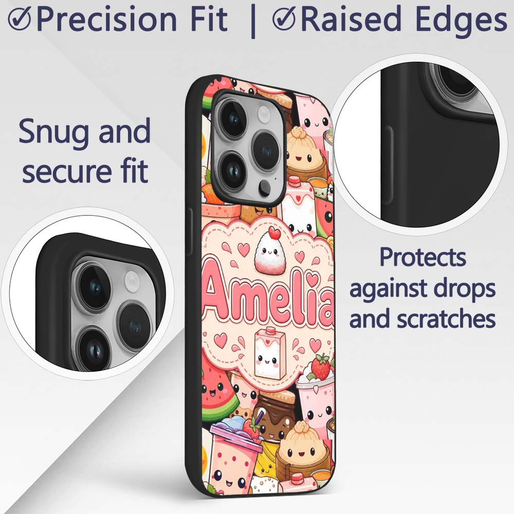 Cute Kawaii Food Collage Characters on Red Background Custom Name Protective Phone Case Mobile Cover Durable Smartphone Shock Resistant