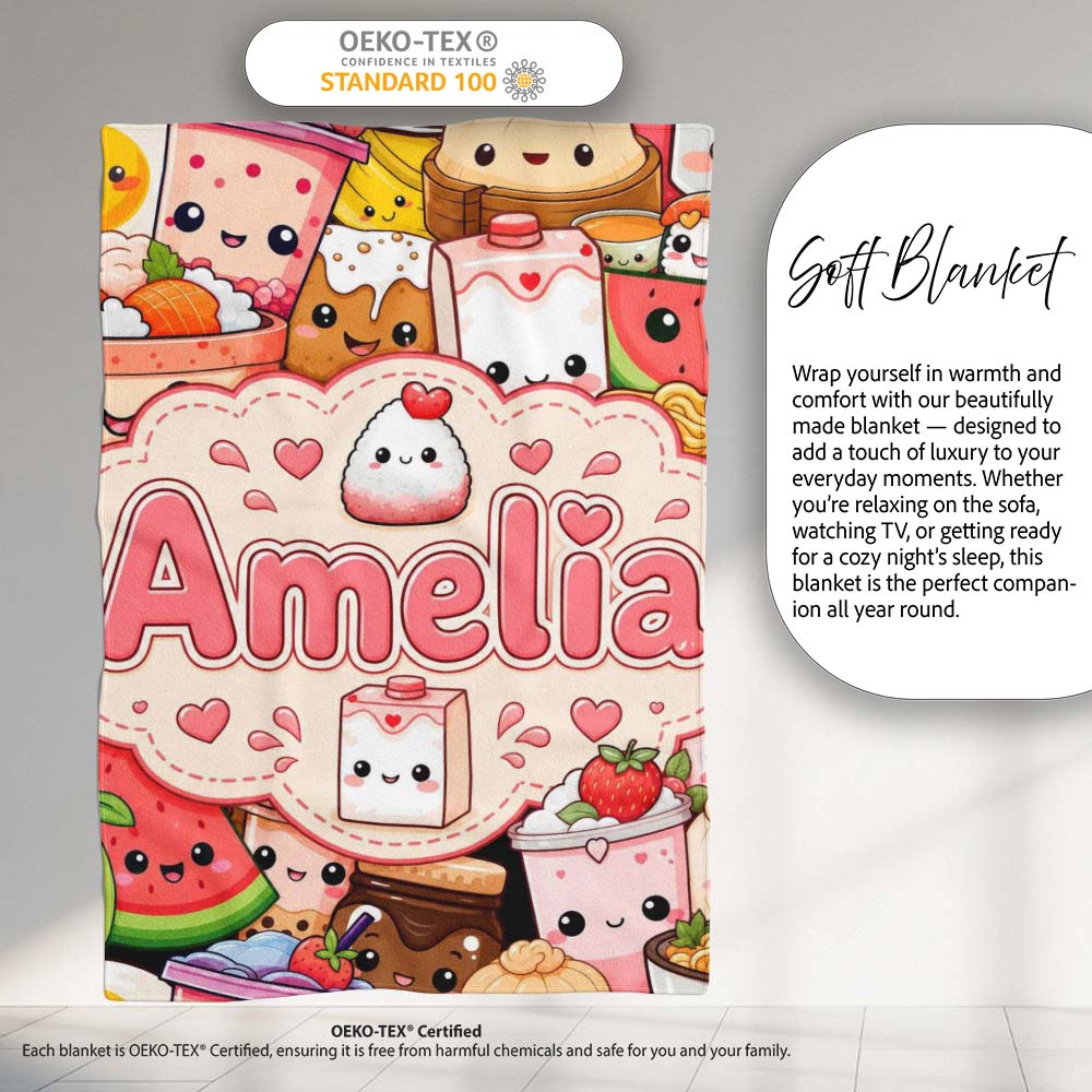 Cute Kawaii Food Collage Characters on Red Background Seamless Personalised Custom Name Super Soft Fleece Blanket Bed Sofa Throw