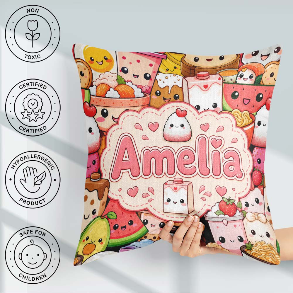 Custom Name Cute Kawaii Food Collage Characters on Red Seamless Square Filled Cushion Throw Pillow Sofa Bed Home Decor Zip Washable UK Made