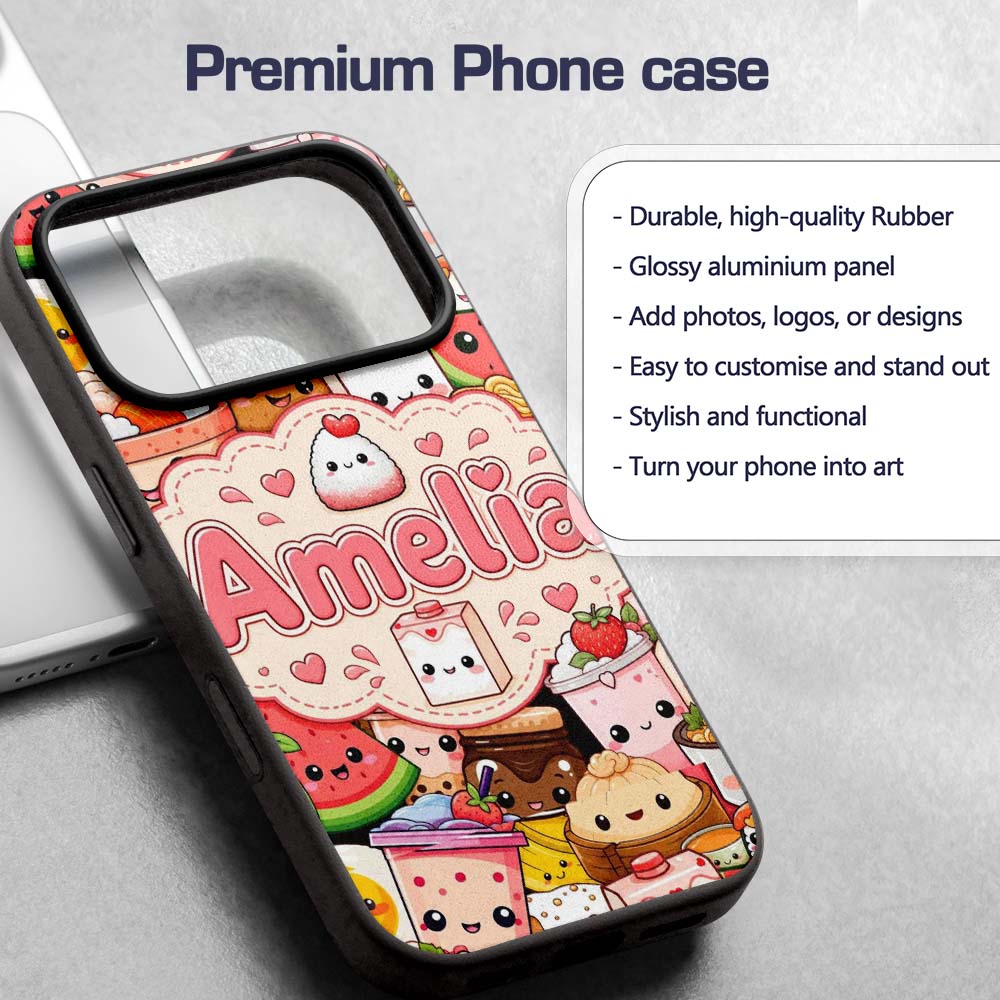 Cute Kawaii Food Collage Characters on Red Background Custom Name Protective Phone Case Mobile Cover Durable Smartphone Shock Resistant