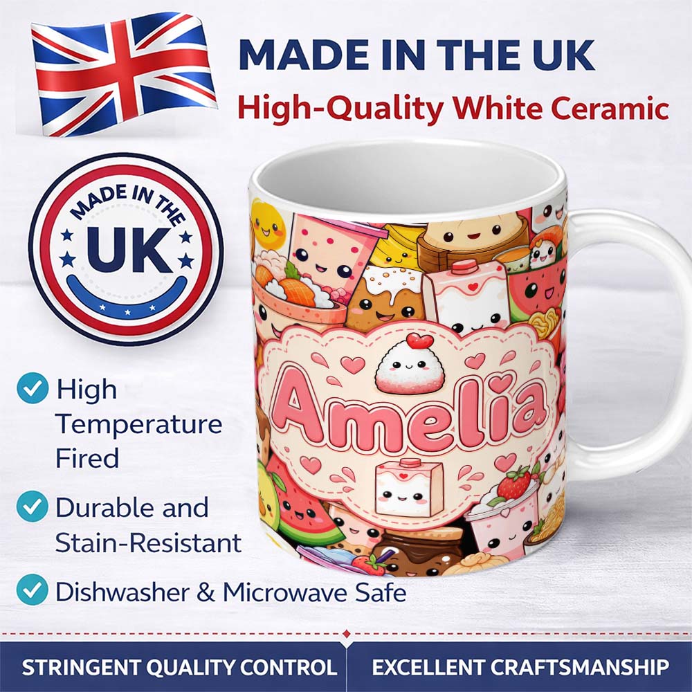 Personalized Custom Name Cute Kawaii Food Collage Characters on Red Background Seamless 11oz Ceramic Coffee Tea Mug White Large Handle