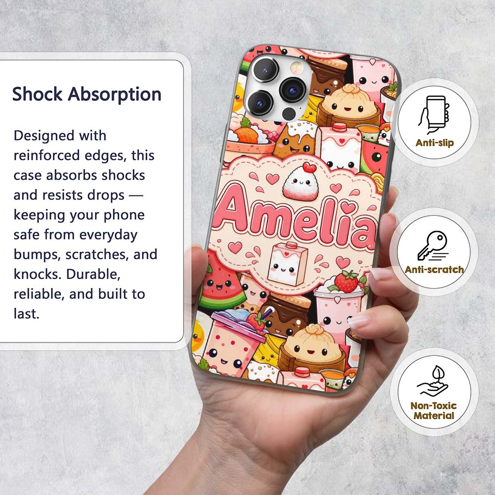 Cute Kawaii Food Collage Characters on Red Background Custom Name Protective Phone Case Mobile Cover Durable Smartphone Shock Resistant