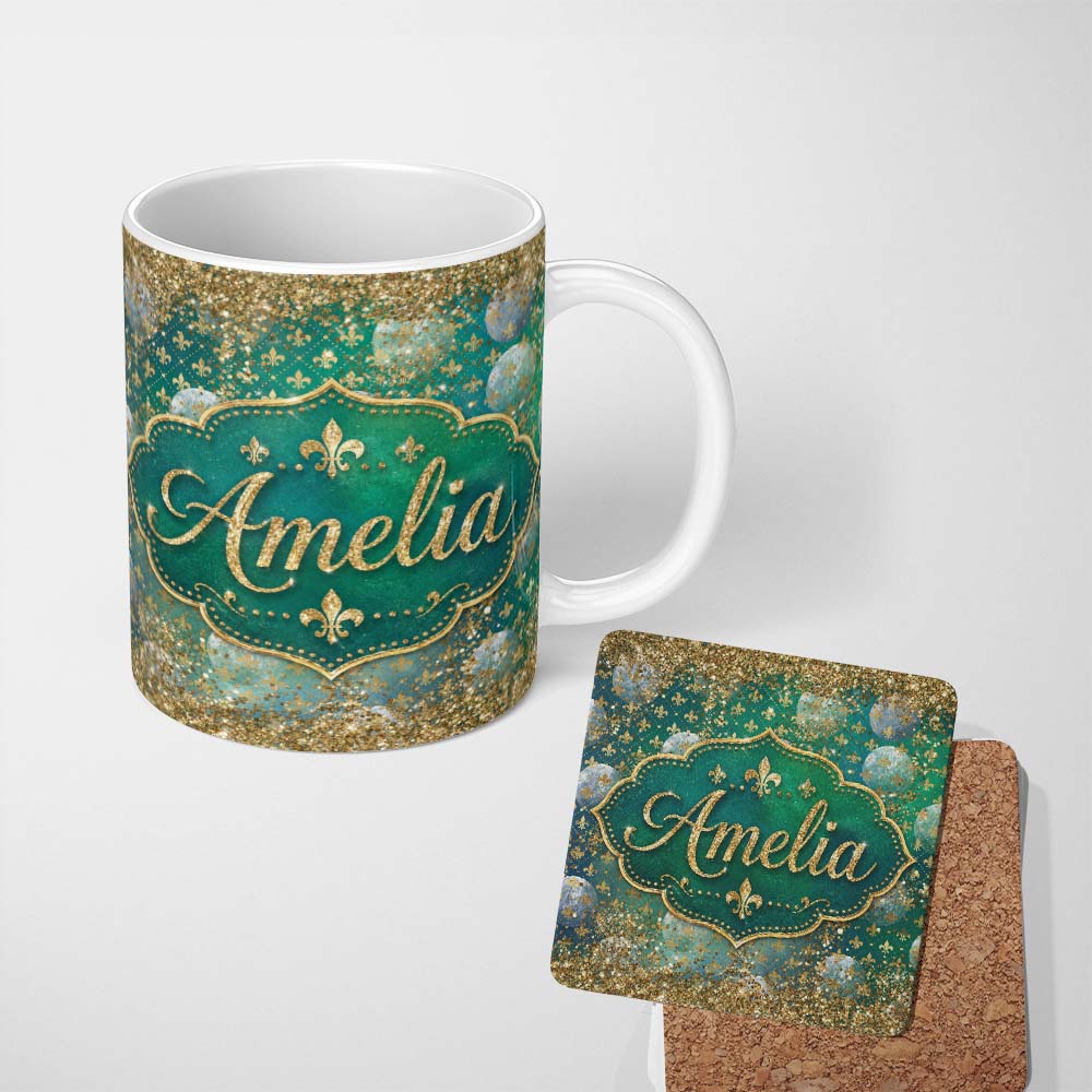 Personalized Custom Name Teal Gold Fleur De Lis Ornament Seamless Pattern Design Elegant Luxe 11oz Ceramic Coffee Tea Mug White Large Handle