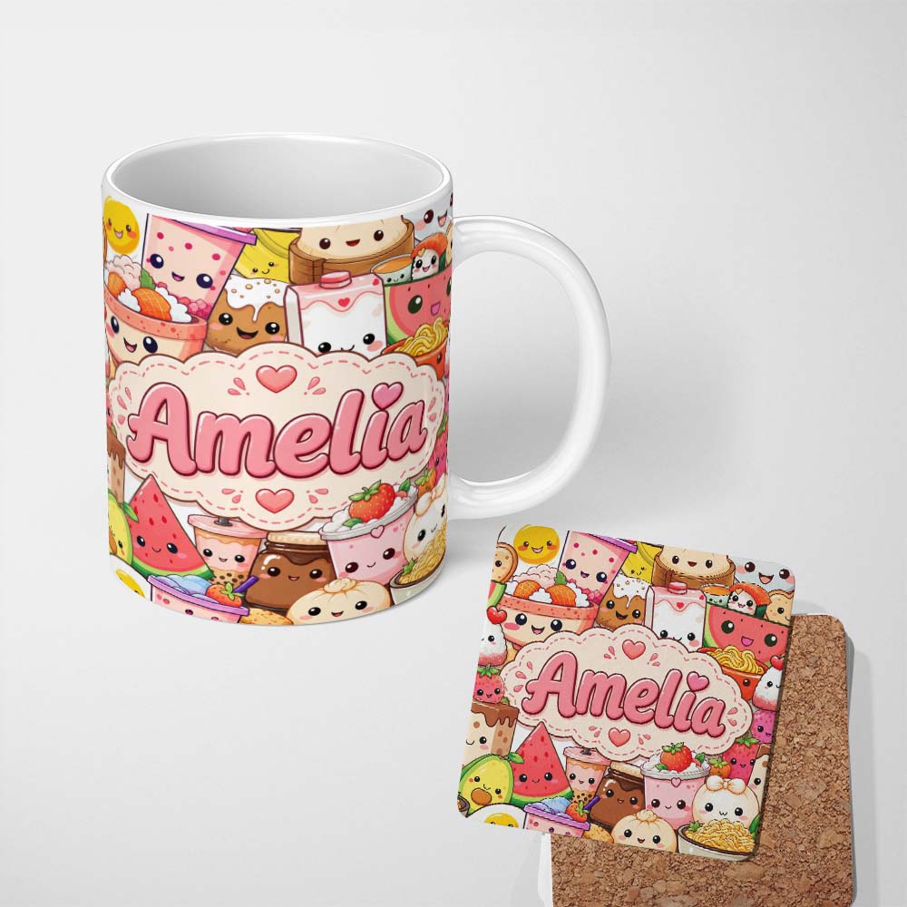 Personalized Custom Name Cute Kawaii Food Collage Characters on White Background Seamless 11oz Ceramic Coffee Tea Mug White Large Handle