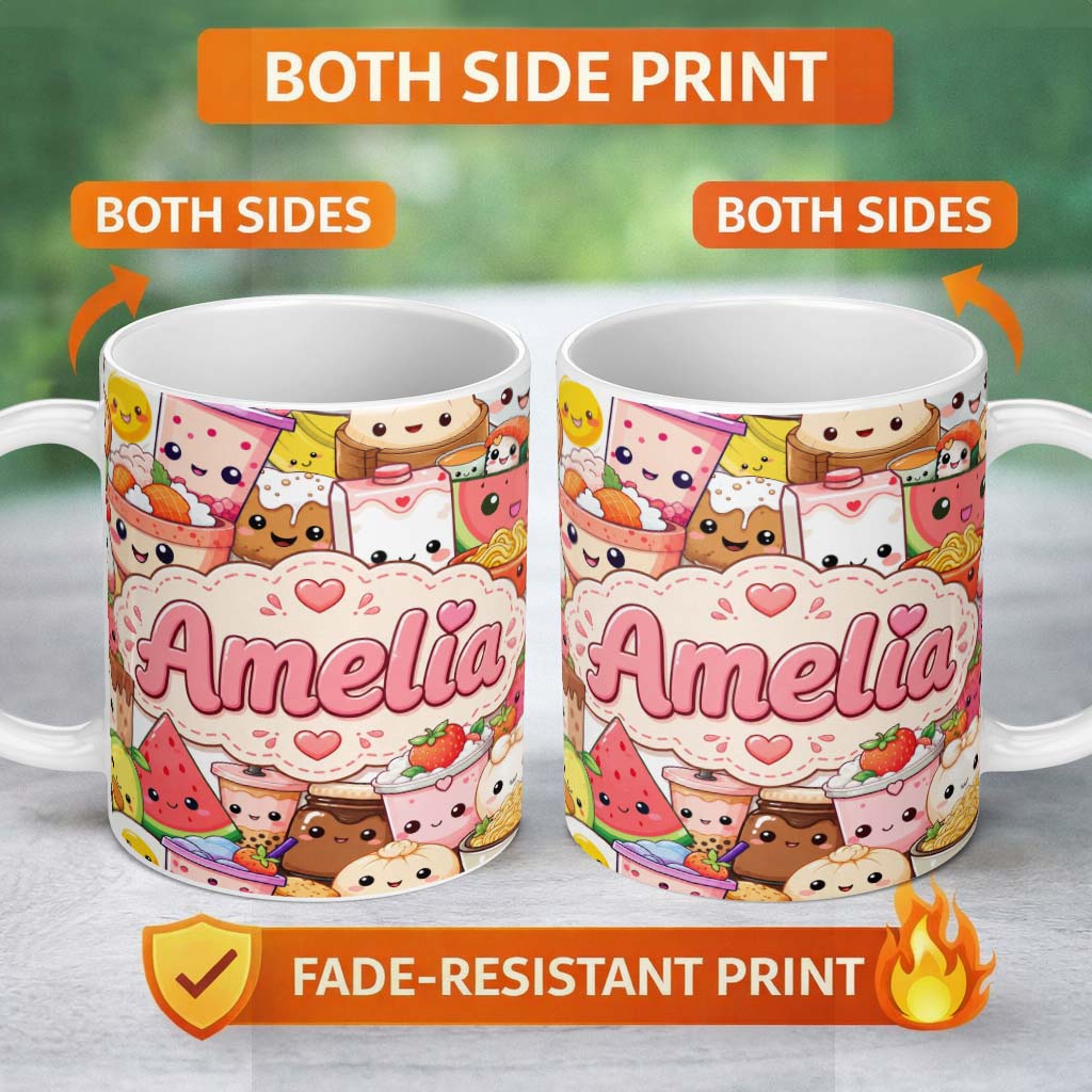 Personalized Custom Name Cute Kawaii Food Collage Characters on White Background Seamless 11oz Ceramic Coffee Tea Mug White Large Handle