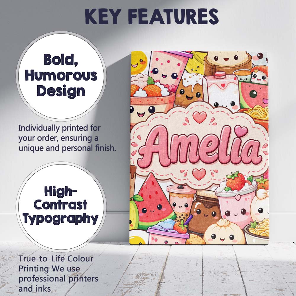 Personalised Name Cute Kawaii Food Collage Custom Unique Gift Idea Elegant Feature Canvas Wall Art Print Decor Picture Ready to Hang