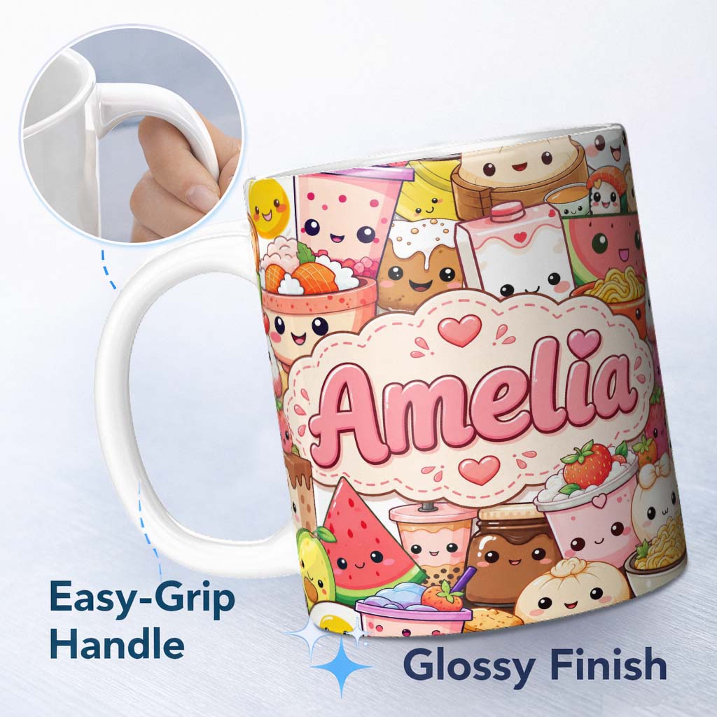 Personalized Custom Name Cute Kawaii Food Collage Characters on White Background Seamless 11oz Ceramic Coffee Tea Mug White Large Handle