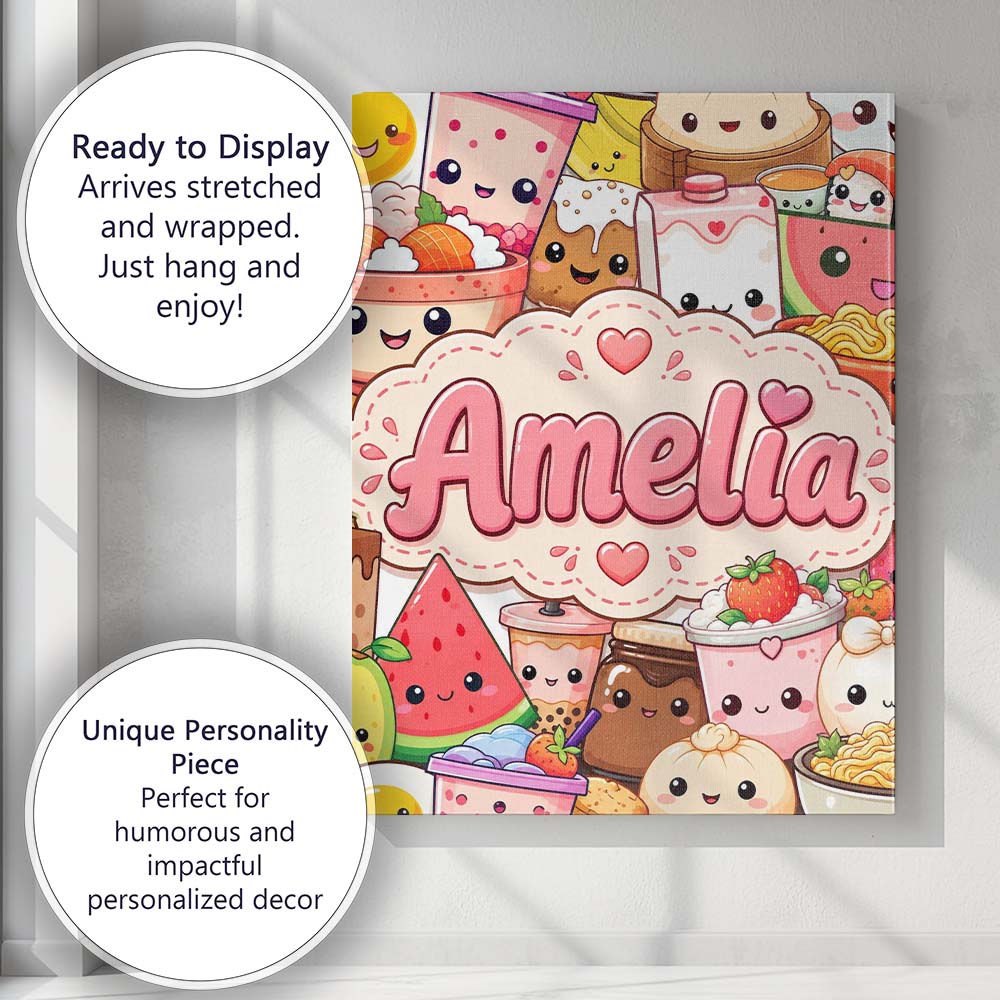 Personalised Name Cute Kawaii Food Collage Custom Unique Gift Idea Elegant Feature Canvas Wall Art Print Decor Picture Ready to Hang
