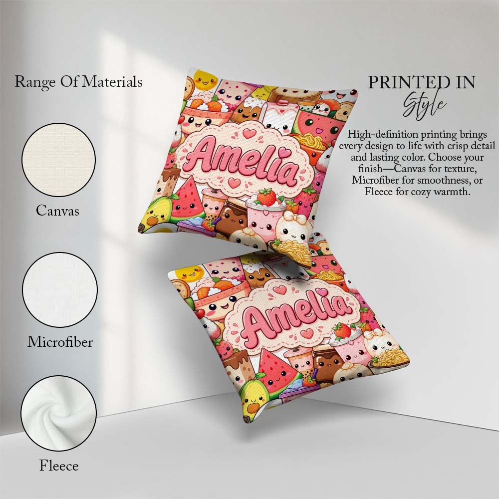 Custom Name Food Collage Characters on White Background Seamless Square Filled Cushion Throw Pillow Sofa Bed Home Decor Zip Washable UK Made