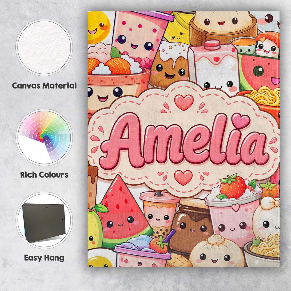 Personalised Name Cute Kawaii Food Collage Custom Unique Gift Idea Elegant Feature Canvas Wall Art Print Decor Picture Ready to Hang