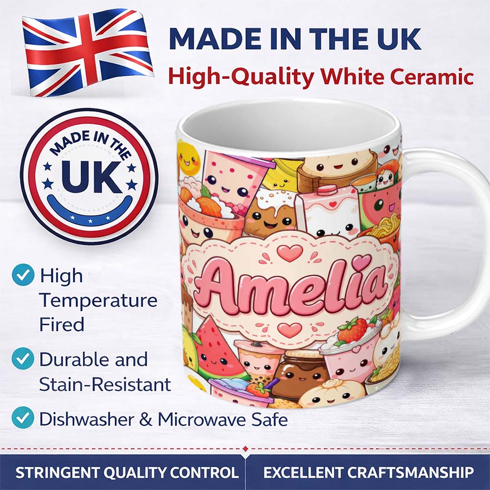 Personalized Custom Name Cute Kawaii Food Collage Characters on White Background Seamless 11oz Ceramic Coffee Tea Mug White Large Handle