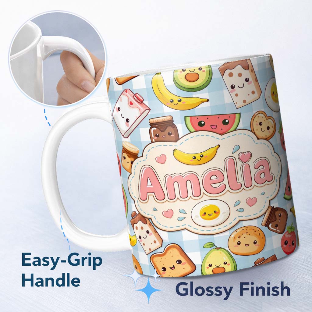 Personalized Custom Name Cute Kawaii Breakfast Food Characters on Checkered Background 11oz Ceramic Coffee Tea Mug White Large Handle