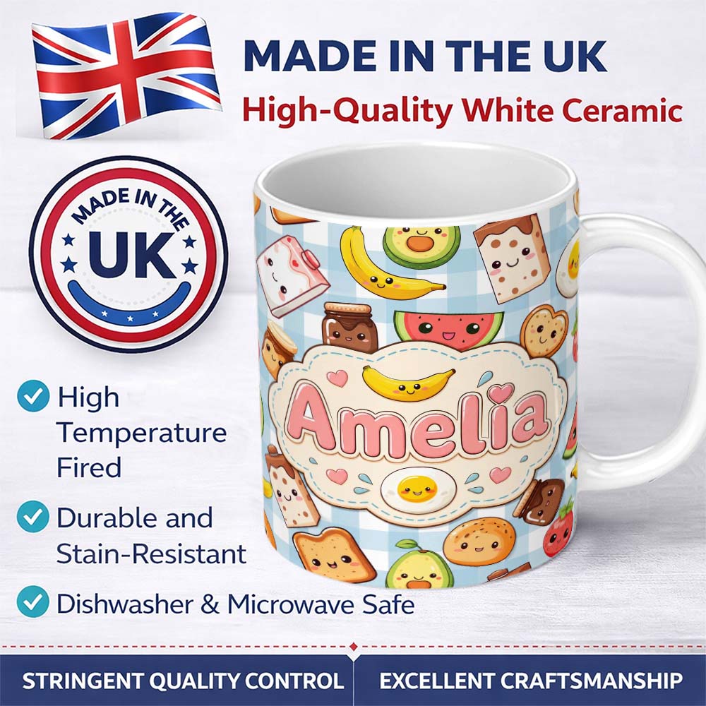 Personalized Custom Name Cute Kawaii Breakfast Food Characters on Checkered Background 11oz Ceramic Coffee Tea Mug White Large Handle