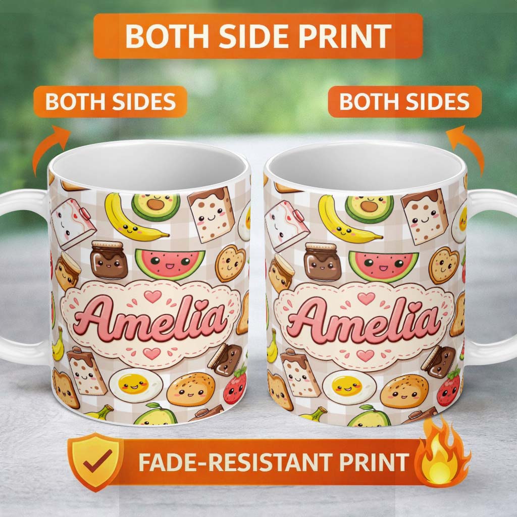 Personalized Custom Name Kawaii Breakfast Food Characters on Beige Check Seamless Pattern 11oz Ceramic Coffee Tea Mug White Large Handle